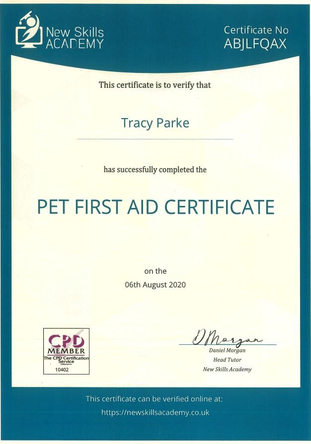 Pet First Aid Certificate for Tracy Parke