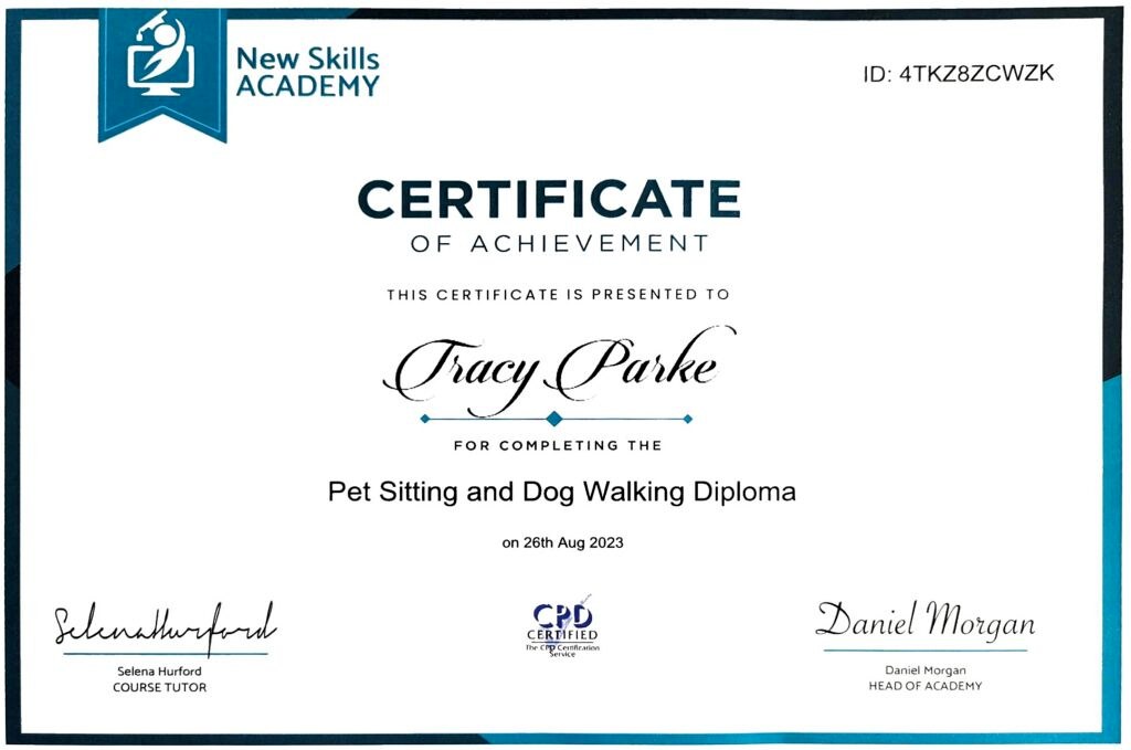Pet Sitting and Dog Walking Diploma certificate for Tracy Parke